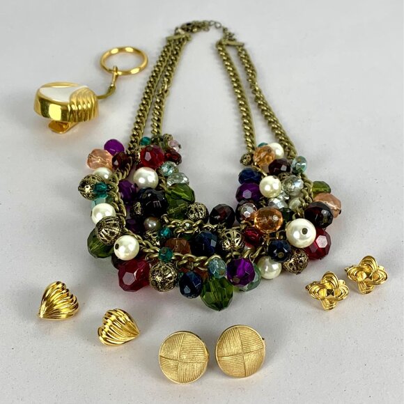 VTG Beaded Necklace, 3 Clip-On Earrings, Retractable Keychain Avon SHA Gold-Tone - Picture 1 of 10